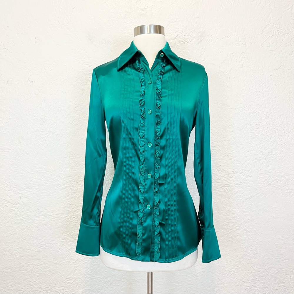Trina Turk Blouse Top Emerald Green Silk Satin Ruffle Pintuck Small S